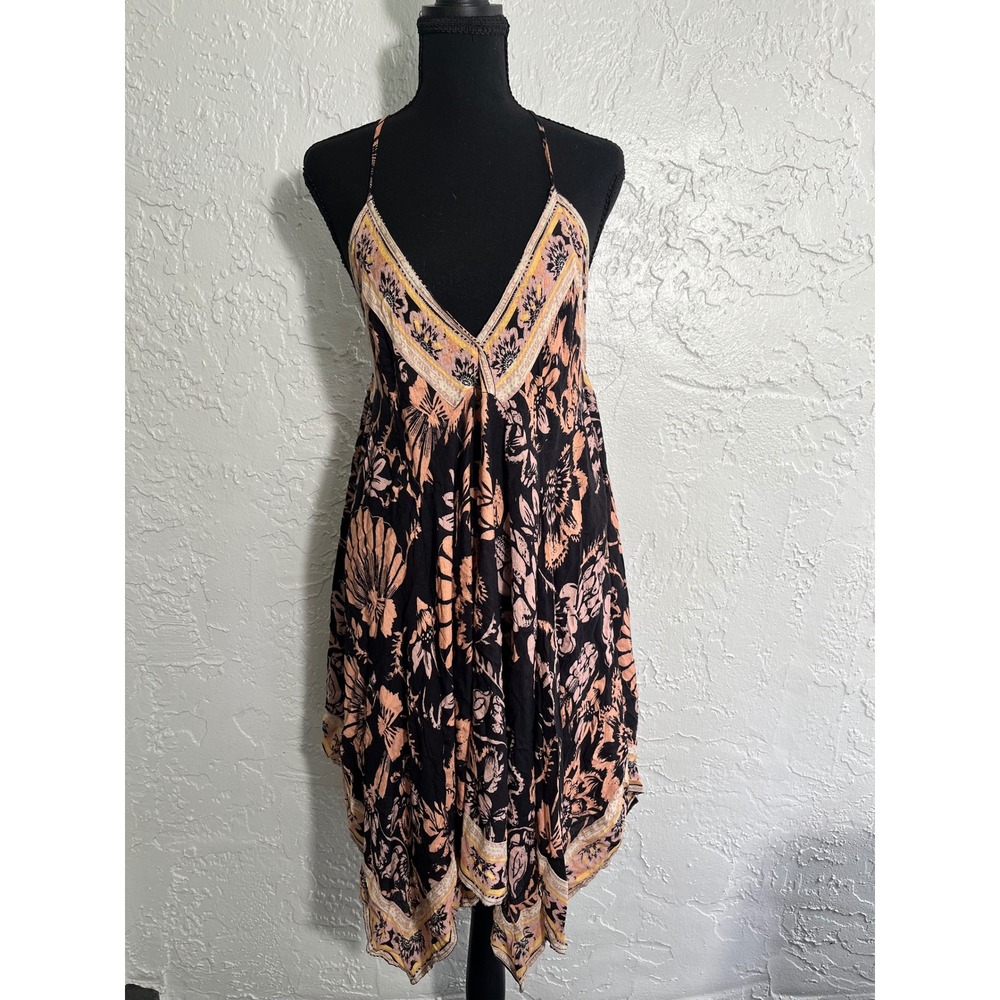 NWT Intimately Free People Black Floral‎ Handkerchief Hem Halter Dress Size S